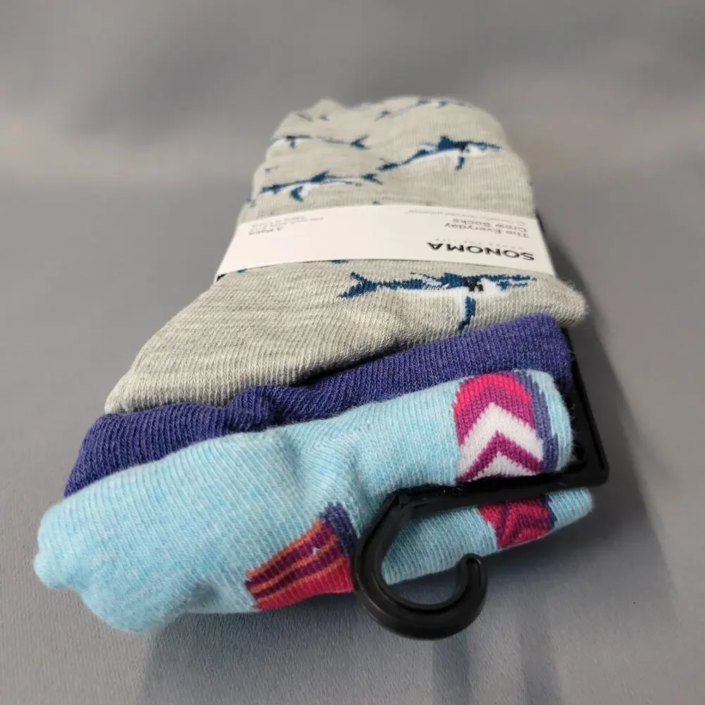 Sonoma The Everyday Crew Socks Mens‎ Size 8-13 Shark Surfboard Print 3 Pair New